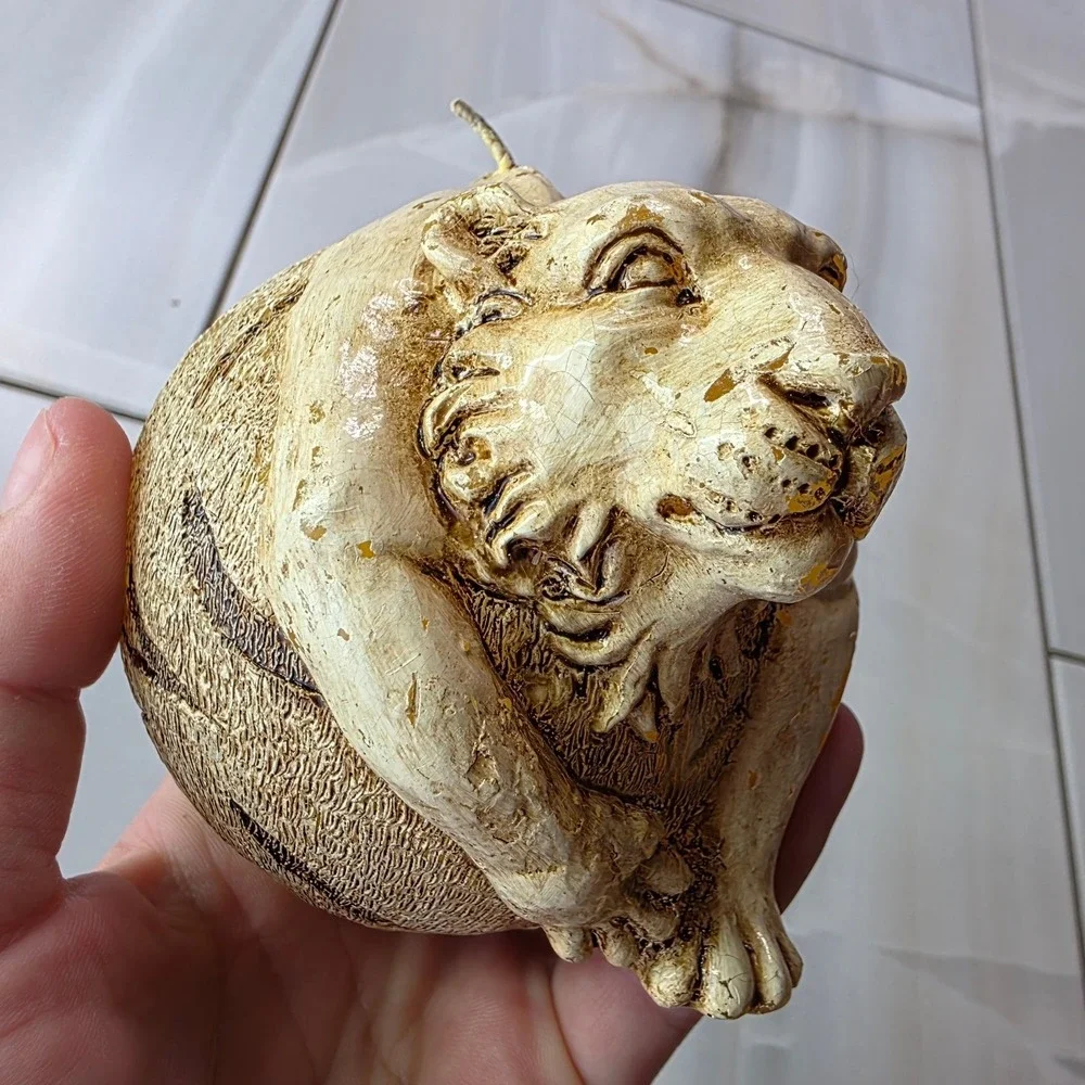 Vintage Sculpted Tiger Head Sphere Candle Cream Tan Textured Safari Decor P4‎
